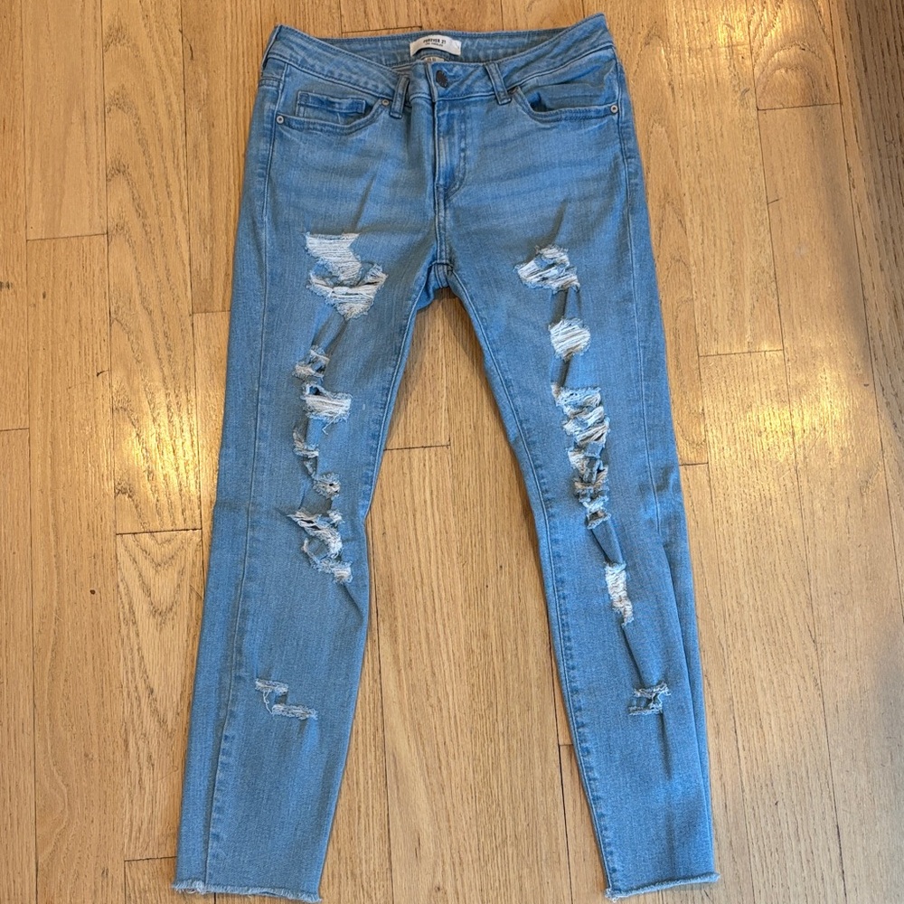 Forever 21 Light Blue Distressed Skinny Jeans